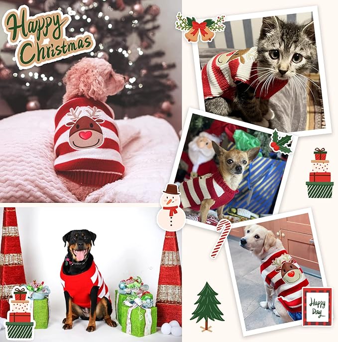 Dog Christmas Sweater Cute Striped Reindeer Xmas Pet Clothes Holiday Puppy Cat Costume New Year Gifts for Small Medium Large Dogs Jumpers (XXS, Red White Stripe Reindeer)