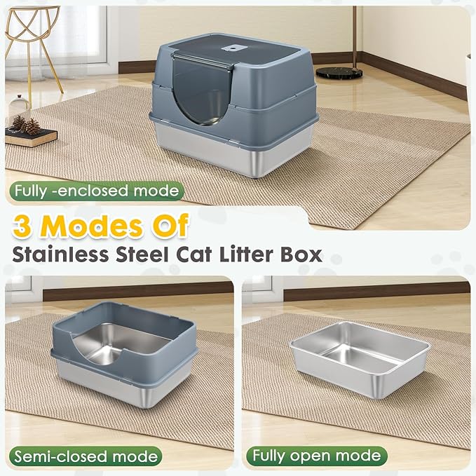 Stainless Steel Litter Box with Lid,Side Entry Large Litter Box,Enclosed High Sided Litter Boxes with High Sided Enclosure&Scoop,Anti-Urine Leakage Non-Sticky for Kitty&Medium Cats(Grey)