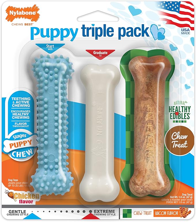 Nylabone New Puppy Starter Kit, Chew Toys & Natural Chew Treat for Puppies, Puppy Enrichment Teething Toys, Blue, Long Lasting Chicken & Bacon Flavor, Small Dogs - Up to 25 Ibs, 3 Pack