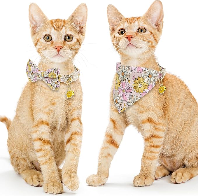 Faygarsle 2 Pack Floral Cat Collar Set with Bandana and Bow Tie, Pink and Yellow Daisy Pattern, Breakaway Safety Buckle