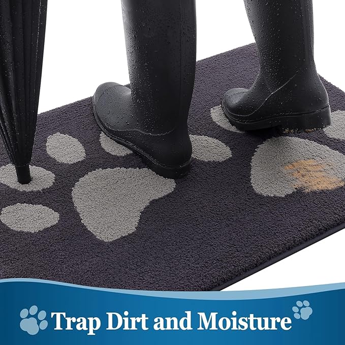 Buganda Dog Door Mat for Muddy Paws, Absorbent Dirt Trapper Washable Indoor Doormats, Non Slip Low-Profile Mud Mat for Dogs, Front Entrance Doormat for Inside Floor (47x24 Inches, Dark Grey)