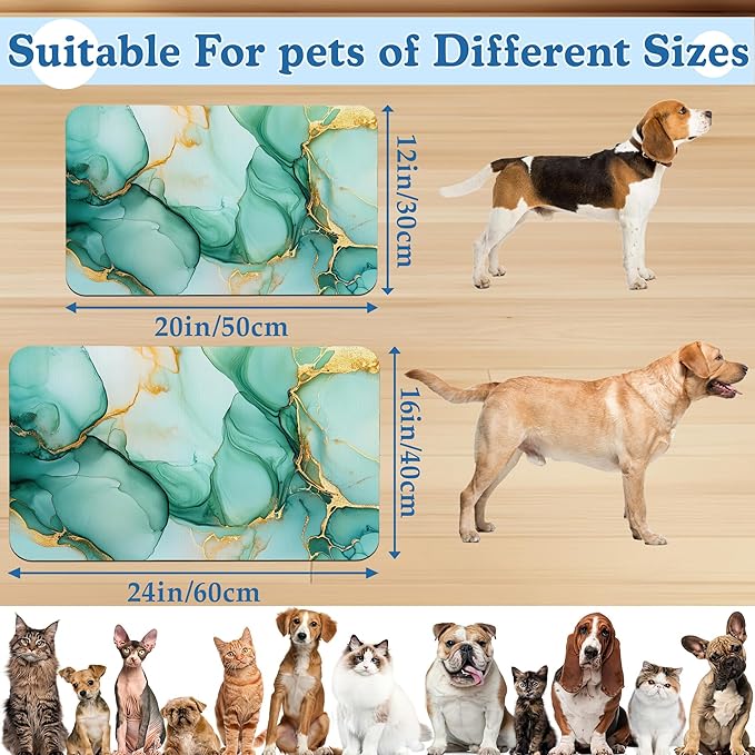 Green Marble Pet Feeding Mat for Floors–Christmas Stocking Absorbent Quick Dry Dog Cat Bowl Mat for Food and Water, Non Slip Waterproof Base, Mess-Free Feeding Accessories 16"x24"