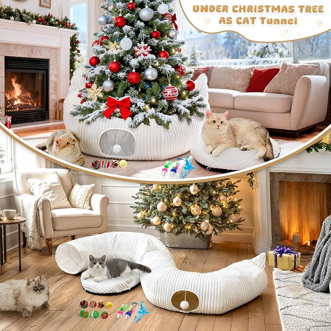 OurWarm White Plush Cat Tunnel Bed Under Christmas Tree, 95cm Large Cat Tunnel Tree Skirt Xmas Decor with 11 Cat Toys, Cozy Holiday Play & Hideaway for Cats, Soft Indoor Cat Activity Center