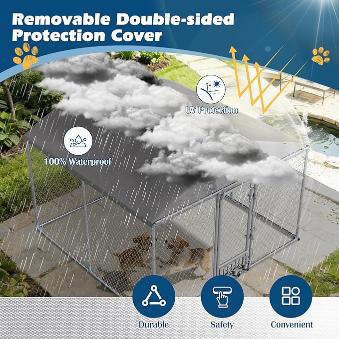 10×10×7 FT Outdoor Dog Kennel with Roof, Dog Enclosure w/Rotating Feeder, Large Heavy Duty Dog Run Playpen w/2 Stainless Bowls, Galvanized Pet House w/Secure Lock, Waterproof Cover