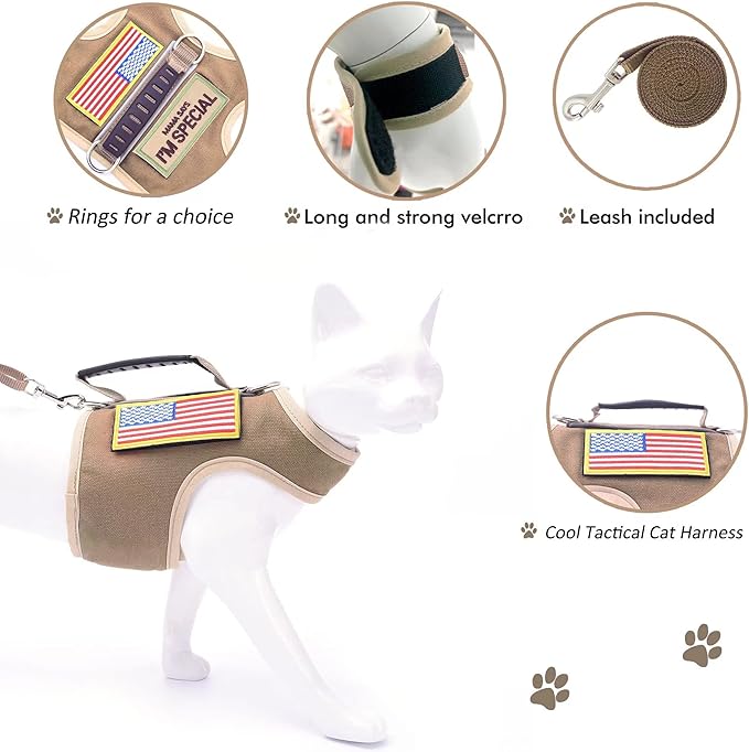 Tactical Cat Harness and Leash for Walking Escape Proof, Adjustable Cat Walking Jackets, Padded Stylish Cat Vest, Khaki, Large