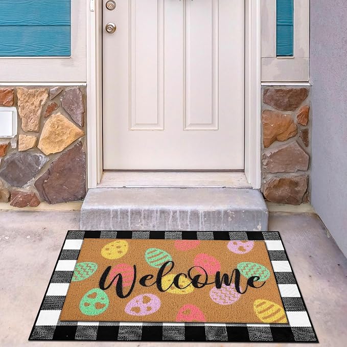 Tinideya 2 Pcs Easter Day Door Mat Eggs Welcome Non Slip Coir Mats Holiday Black and White Plaid Floor Layering Doormats Seasonal for Front Porch Entryway Decor(Easter Eggs)