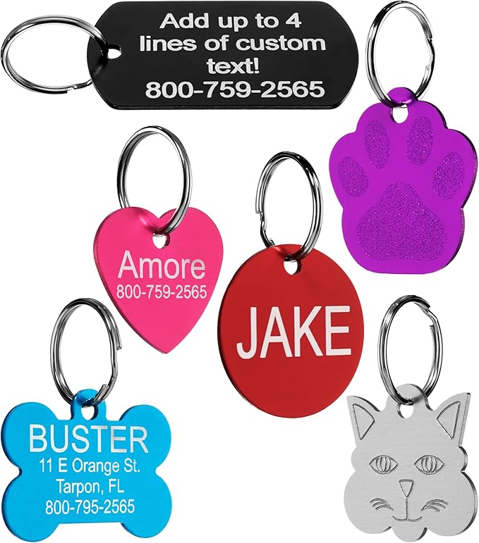 Providence Engraving Pet ID Tags - Small or Large Personalized Anodized Aluminum Pet Tags in Bone, Round, Star, Heart, Hydrant, Paw and Cat Face Shapes and 9 Colors for Dog and Cat