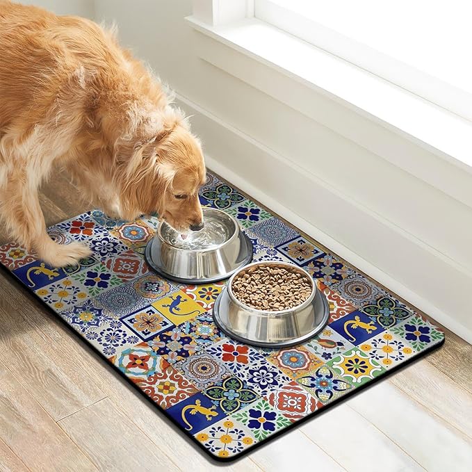 Moroccan Trellis Dog Food & Water Mat, Mexican Talavera Boho Colorful Pet Feeding Mat for Floor Non-Slip Waterproof, Super Absorbent Cat Bowl Mat, Easy to Clean Durable Pet Placemat,24" × 32"