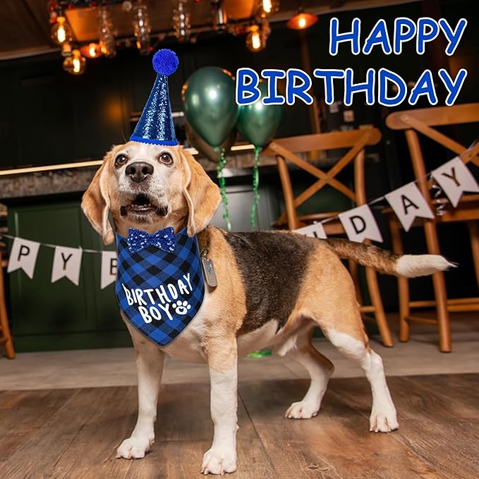 Dog Cat Birthday Party Supplies, Dog Cat Birthday Decorations Hat Bandana Bow Tie Collar Set with 0-8 Number for Large Medium Small Pet (Large, Blue)