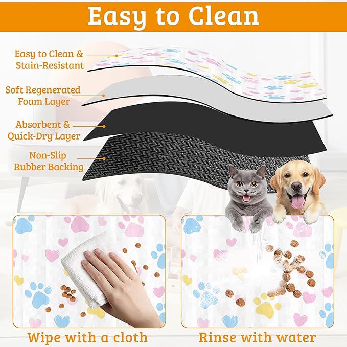 Dog Bowl Mat,Colorful Dog Paws Pet Feeding Mat for Floors Waterproof,Animal Absorbent Dogs Placemat for Food and Water Quick Dry Pet Cat Feeding Mats with Non Slip Bottom 16" x 24"