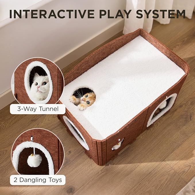 Joydeco Cat House for Indoor Cats, Extra Wide Scratch Resistant Felt Cat Condo, Hideaway Pet Cave Bed with Fluffy Ball and Tunnel for Kitten, Small Dogs, Rabbits, 22.4 x 13.7 x 14.9, Coffee