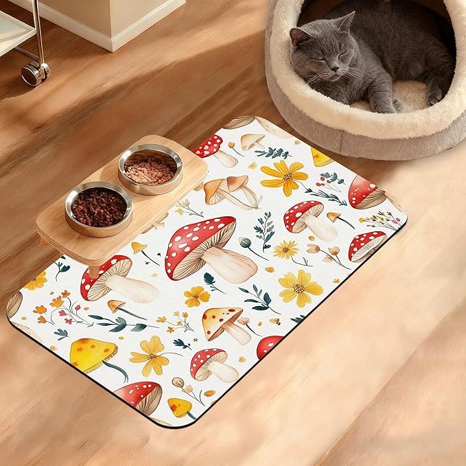 Pet Feeding Mat,Mushroom Absorbent Dog Cat Food Mat Flowers Dog Mat with Rubber Backing,Non-Slip Water Bowl Placemat,Pet Supplies 12" x 20"