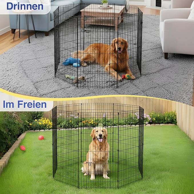 FDW 48 Inch Dog Pen 8 Panel Dog Playpen Indoor Outdoor Metal Puppy Pet Fence Portable Folding Animal Exercise Fence,Black