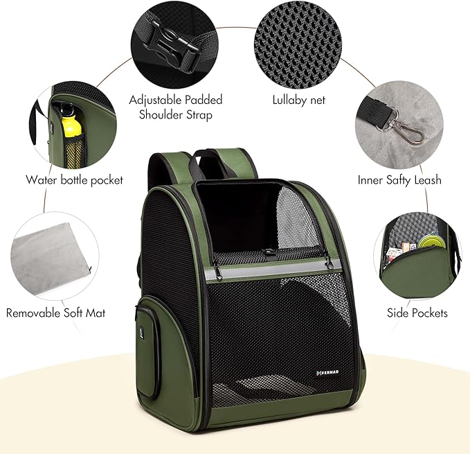Pet Backpack Carrier, Large Cat Carrier Backpack Up to 20 Lbs with Breathable Mesh, for Medium Large Cats or Small Dogs, Travel Hiking Camping Backpack (DarkGreen-XL)