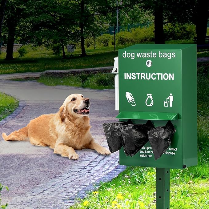 VEVOR Dog Poop Bag Dispenser with Hand Wash Bottle, Lockable Outdoor Dog Waste Bag Holder with 600 Waste Bags, Stake, Pole, Fence & Wall Mounted Dog Poop Bag Storage, Pet Waste Station for Porch, Lawn
