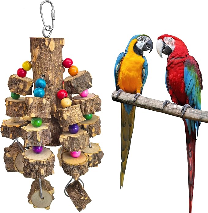 PINVNBY Wood Parrot Toys for Large Birds, Wire Link Durable Macaw Toys Extra Large Natural Wooden Blocks Chew Toy for African Grey Macaws Cockatiels Eclectus