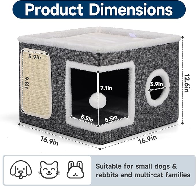 Shikha Cat Beds for Indoor Cats, Large Cat Cave with Cozy Condo, Fluffy Ball, Round Window, Foldable Indoor Cat House Hold Up to 30LBS, Cat Hideaway with Reversible Cushions for All Seasons, Grey