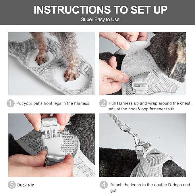 Fida Comfy Dog Harness with Leash, Soft Puppy Vest Escape Proof, Breathable Lightweight Soft Mesh, Adjustable Reflective Step-in Harness for Cat & Extra-Small Pet (XS, Grey)
