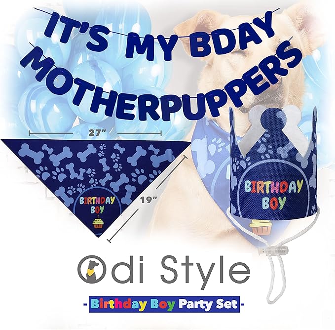 Dog Birthday Party Supplies - Bandana Set with Party Hat, Crown and Banner - 'It's My Birthday Mother Puppers' for Medium, Large Dogs