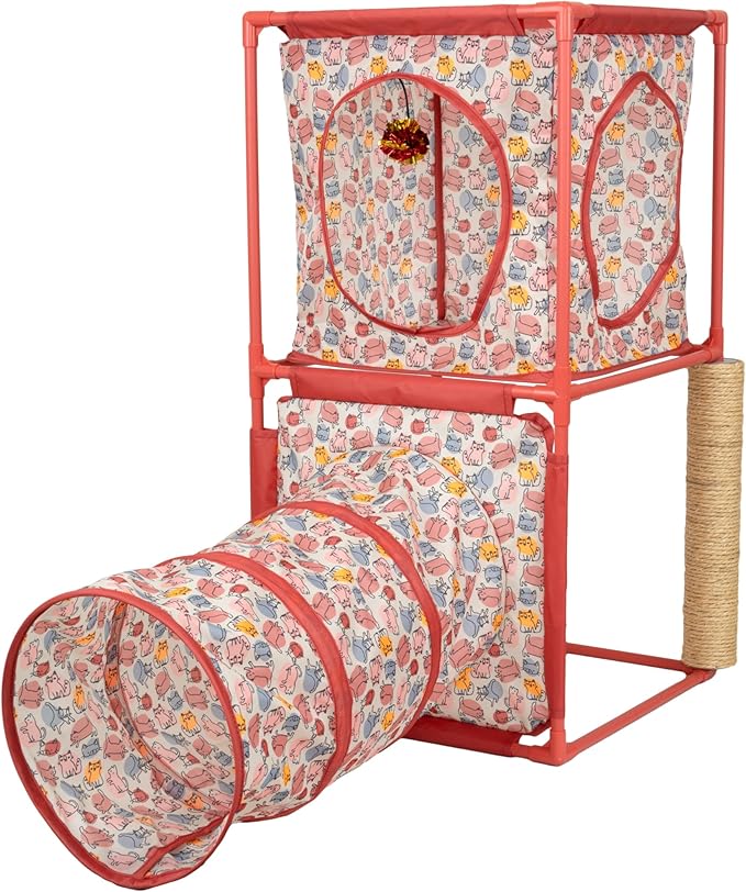 Kitty City Cozy Cube Retreat Cat Tower with Tunnel, Scratching Post & Hanging Toy, Dual-Level Indoor Cat Play Furniture for Climbing, Hiding & Lounging, Red