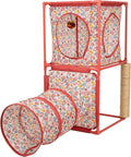 Kitty City Cozy Cube Retreat Cat Tower with Tunnel, Scratching Post & Hanging Toy, Dual-Level Indoor Cat Play Furniture for Climbing, Hiding & Lounging, Red