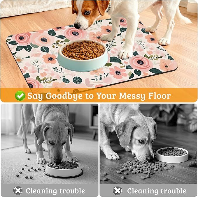 Dog Bowl Mat,Blooming Flowers Pet Feeding Mat for Floors Waterproof,Peonies Roses Absorbent Dogs Placemat for Food and Water Quick Dry Pet Cat Feeding Mats with Non Slip Bottom 12" x 20"