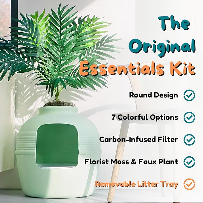 Good Pet Stuff Hidden Litter Box Planter, Decorative Cat Litter Enclosure with Carbon Filter, Artificial Plant, Easy Clean, Indoor Design, Original Round Style, Essentials Kit, Seagrass Green