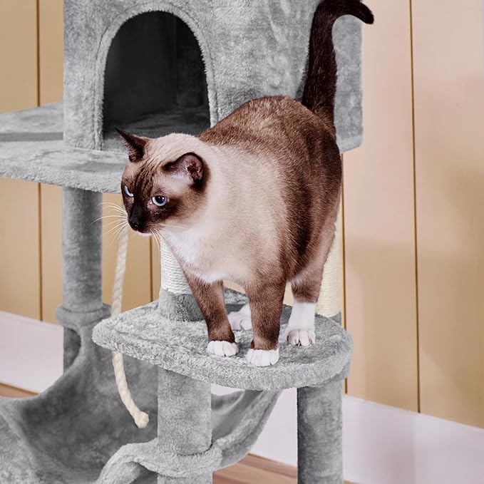 Yaheetech 59in Cat Tree for Multiple Cats, Multi-Level Activity Tower w/Hammock, Condo, Perches, Extended Platforms for Climbing & Jumping –Heavy Duty Cat Tower w/Scratching Posts & Dangling Balls