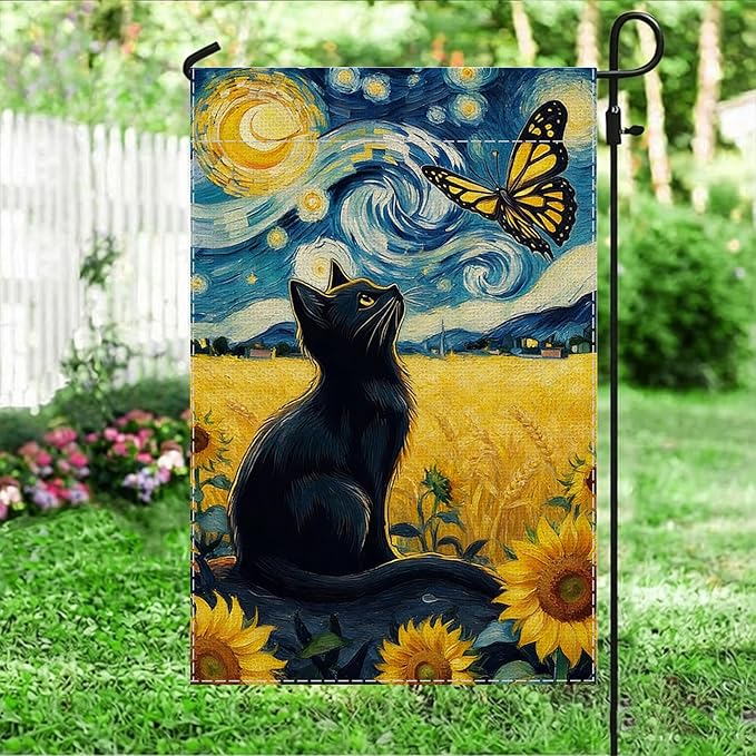 Spring Summer Garden Flag Van Gogh Starry Night Black Cat Banner - Monarch Butterfly Sunflower Art Outdoor Decor for Porch Yard Patio Decorations