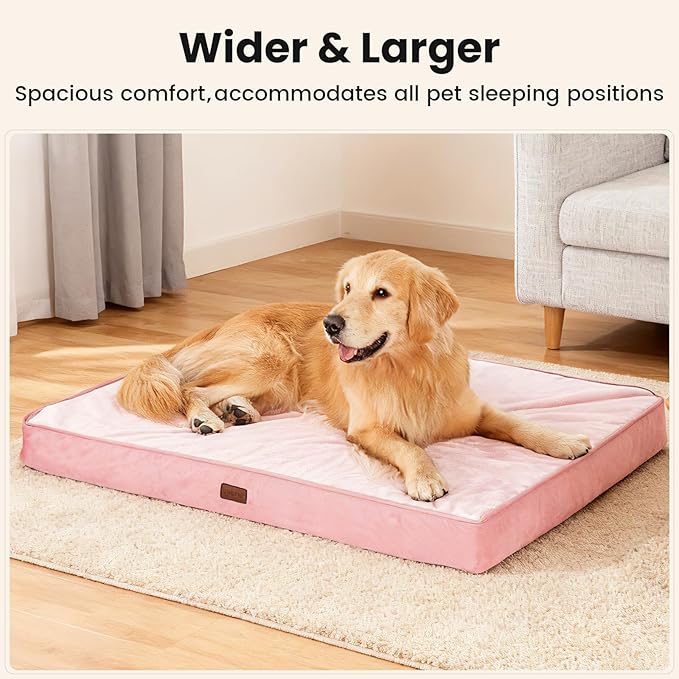 OhGeni Orthopedic Waterproof Dog Bed for Large Dogs, Machine-Washable Removable Cover in Easy-Clean Fabric, High Density Foam & Easy-Carry Handle, Wider and Larger, 44 inch (Pink)