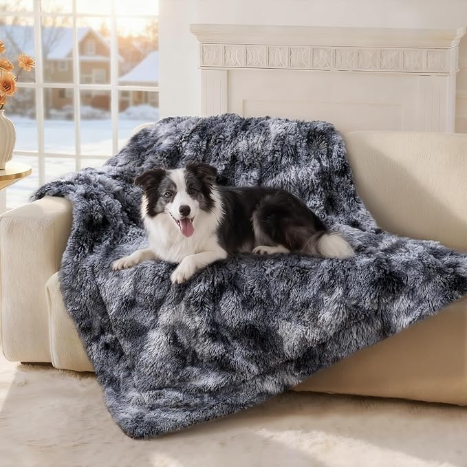 Luciphia Large Waterproof Dog Blanket for Pet Washable Liquid Proof Bed Intimacy Protection Shaggy Plush Calming Long Faux Fur Couch Cover Calming Cat Throw Blankets, Tie-dye Grey, 50" x 60"