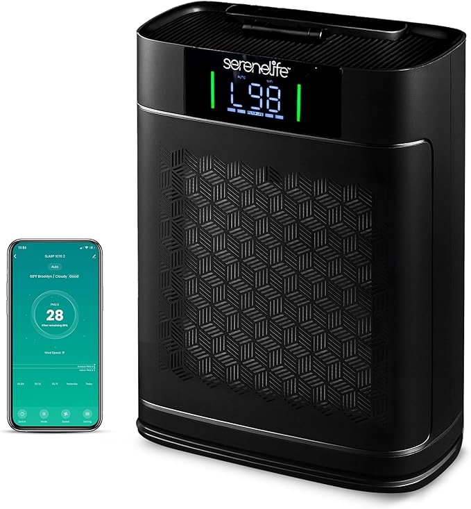 SereneLife HEPA Air Purifier for Home – Smart WiFi & App Control, Ultra-Quiet Air Purifier for Bedrooms & Large Rooms, Removes Dust, Pet Hair & Odors, Ideal for Pets & Allergies (1,076 Sq Ft, Black)