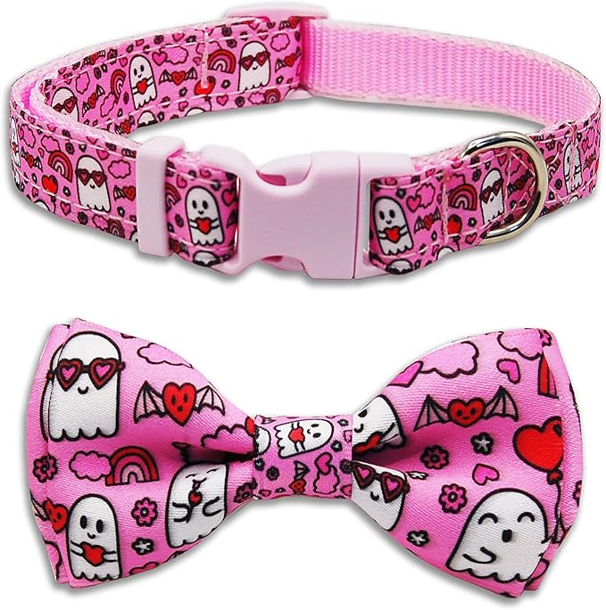 Valentine’s Day Dog Collar Adjustable Puppy Collar with Pink Heart and Flowers Pattern, Cute Pet Accessories for Small Medium Large Dogs