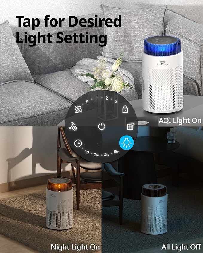 COWAY Air Purifiers for Home up to 810 ft², HEPA Filter and Carbon Filter for Smoke, Allergies, Pet Dander, Odor, AQI Monitor, Auto Mode, Timer, Filter Indicator, Night Light, 3yr Warranty, 100 White