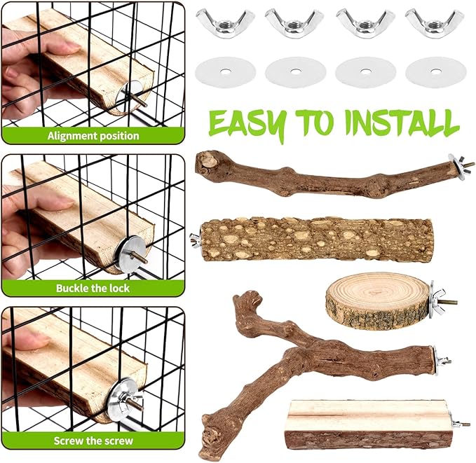 8PCS Natural Grape Wood Bird Perch Set - Parrot Cage Stand with Paw Grinding Forks, Chewing Sticks & Exercise Branches for Parakeets, Cockatiels, Conures, Budgies, Finches