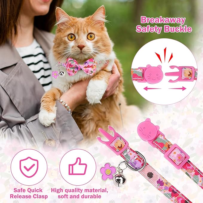 Cat Collar Breakaway with Bells, Pink Cat Bowtie Collar for Girl Cats, Small Cat Collar with Bow for Spring Summer, 2 Pack Soft Cute Floral Kitten Collar with Removable Shirt Collar 8-12Inch