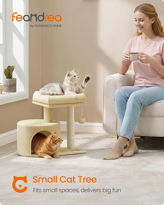 Feandrea Cat Tree, Small Cat Tower with Sisal Scratching Post, Plush Condo with Padded Perch, for Small Spaces, Kittens, Sand Beige UPCT050LF01