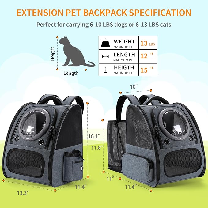 Bubble Cat Backpack Carrier, Expandable Cat Carrier Backpack,Breathable Pet Backpack for Medium Cat,Kitten and Small Puppy, Large Space,Portable Bags Foldable Dog Backpack for Traveling,Hiking(Grey)