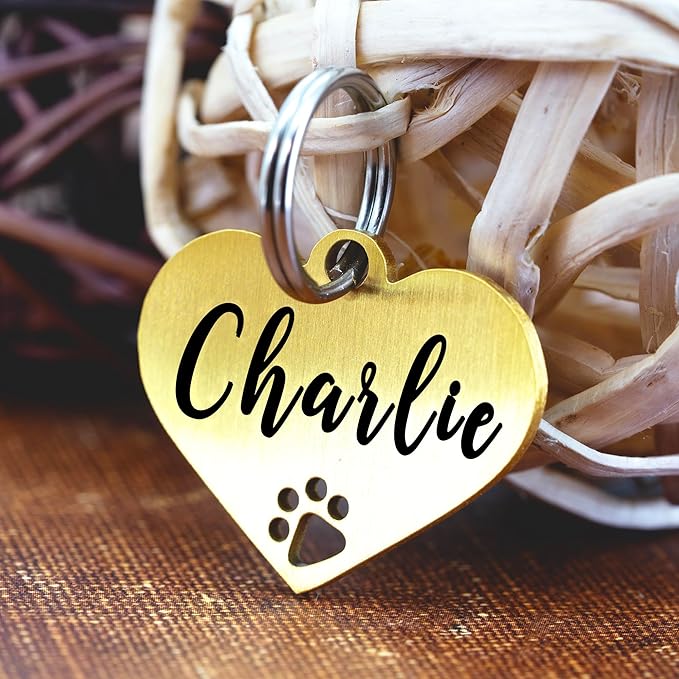 Ultra Joys Dog Tags Personalized for Pets - Hollow Paw Custom Pet ID Tag - Engraved Dog Tag for Small, Large Dogs - Small Heart in Gold