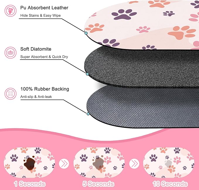 Cat Food Mat 24''x16'', Absorbent Cat Mats for Food and Water, Non-Slip Rubber Mat for Cats Bowls, Easy Store Pet Food Placemat, Mats for Under Cats Food Bowls, Fit with Kitchen, Living Room, Pink Paw