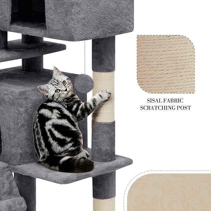 Athena Collection Cat Tree, 77 Inch Cat Tower for Indoor Cats, Multi-Level Cat Tree Tower Activity Center with 2 Cat Condo & Cat Scratching Post & Dangling Ball, Tall Cat Tree, Smoky Gray