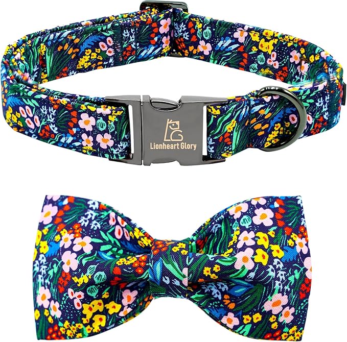Lionheart glory Dog Collar Darkblue Flower Dog Bow Collars Floral Dog Collar with Bow Male or Female Spring Fall Pet Gift Durable Adjustable Dog Collar for Large Dogs