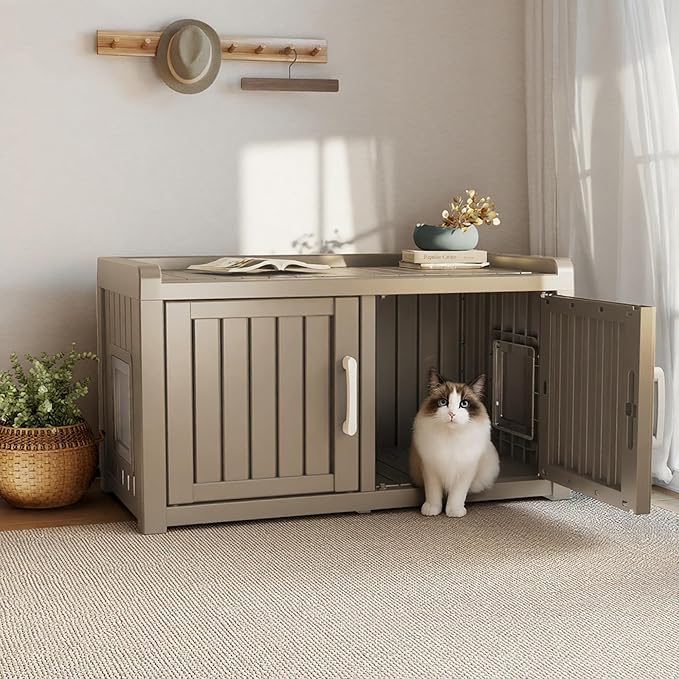 Cat Litter Box Enclosure Resin Hidden Cat Litter Box Furniture Multi-Functional Double Door Spacious Odorless Waterproof UV-Resistant Indoor Outdoor Use Grey