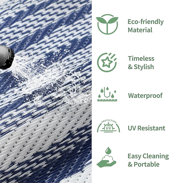 GENIMO Outdoor Rug for Patio Clearance, 8'x10' Waterproof Camping Mat, Reversible Plastic Straw Rugs for RV, Camper, Balcony, Backyard, Picnic, Deck (Blue White)