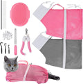 JULMELON Cat Washing Bag 10 PCS Set, Adjustable Cat Shower Net Bag and Pet Grooming Brush with Nail Clipper Nail File Hair Combs Tick Tool Nail Caps for Bathing Nail Trimming Examination(Pink+Grey)