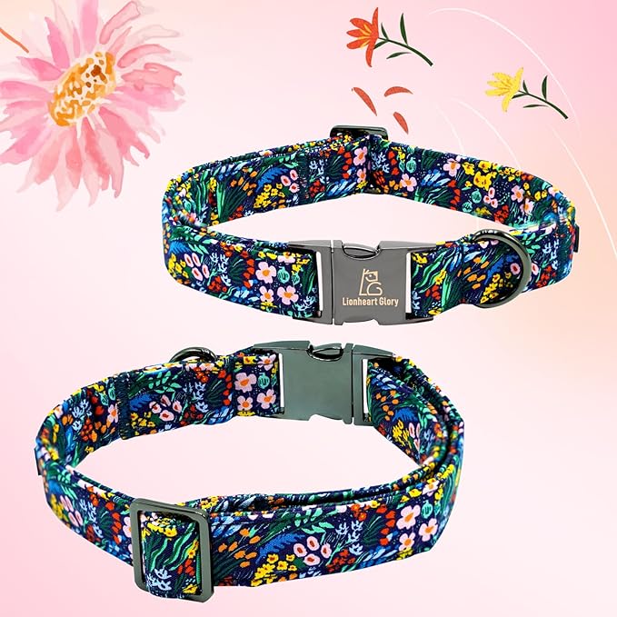 Lionheart Glory Floral Dog Bow Collar - Dark Blue, Adjustable, Durable for Small Dogs