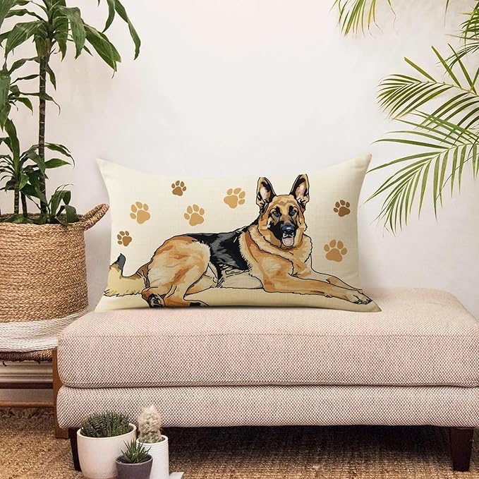 German Shepherd Dog Lumbar Decorative Throw Pillow Cover 12 x 20, Rectangular Paw Prints Outdoor Home Decor Pet Owner Lover Gift, Sofa Couch Cushion Case Housewarming Gifts