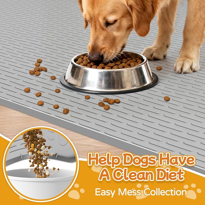 Lanstics Dog Food Mat, 50" x 35" Large Silicone Mat Dog Feeding Mat with Raised Edge Non-Slip Pet Feeding Mat for Food and Water Bowl, Easy to Clean, Floor Protection (Gray)