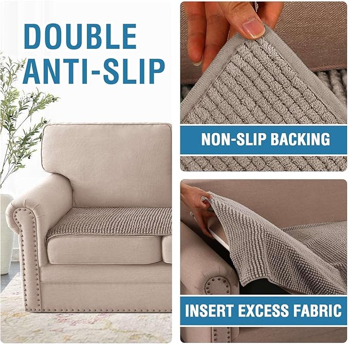 H.VERSAILTEX Plush Chenille Couch Cover for 3 Cushion Couch Anti Slip Washable Sofa Slipcovers Soft and Durable Furniture Protector for Dogs Cats Kids (27.5" x 59", Taupe)
