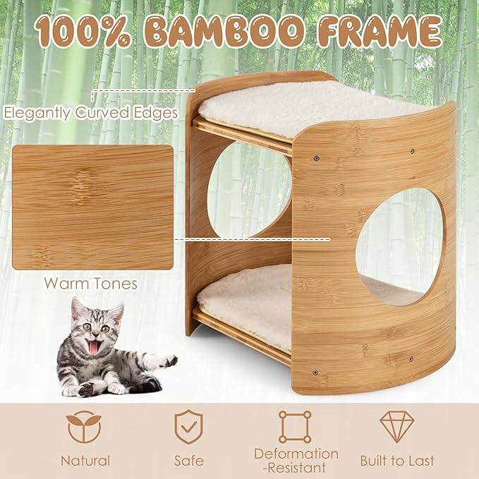 Tangkula Elevated Cat Bed for Indoor Cats, 2-Tier Cute Small Cat Tree Tower with Natural Bamboo Frame, Removable & Washable Soft Plush Mats, Cat Holes, Farmhouse Pet Furniture